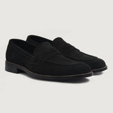 Baxton Black Suede Leather Loafers For Men in Black Goatskin Suede - Lateral Side Profile View | Buy Online