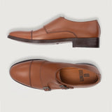 Boston Double Monk Strap Tan Leather Shoes For Men - Reinforced Heel Counter & Precision Double-Row Stitching Detail