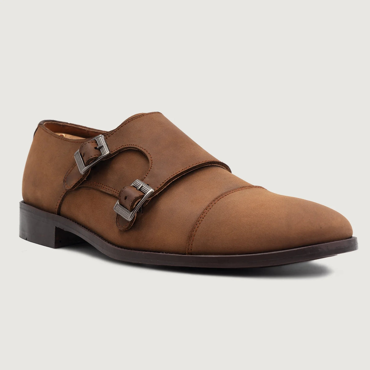 High-Traction Rubber Outsole & Lug Tread Pattern on Boston Zapatos de doble hebilla Oil Pull-up Marrón Zapatos de cuero For Men