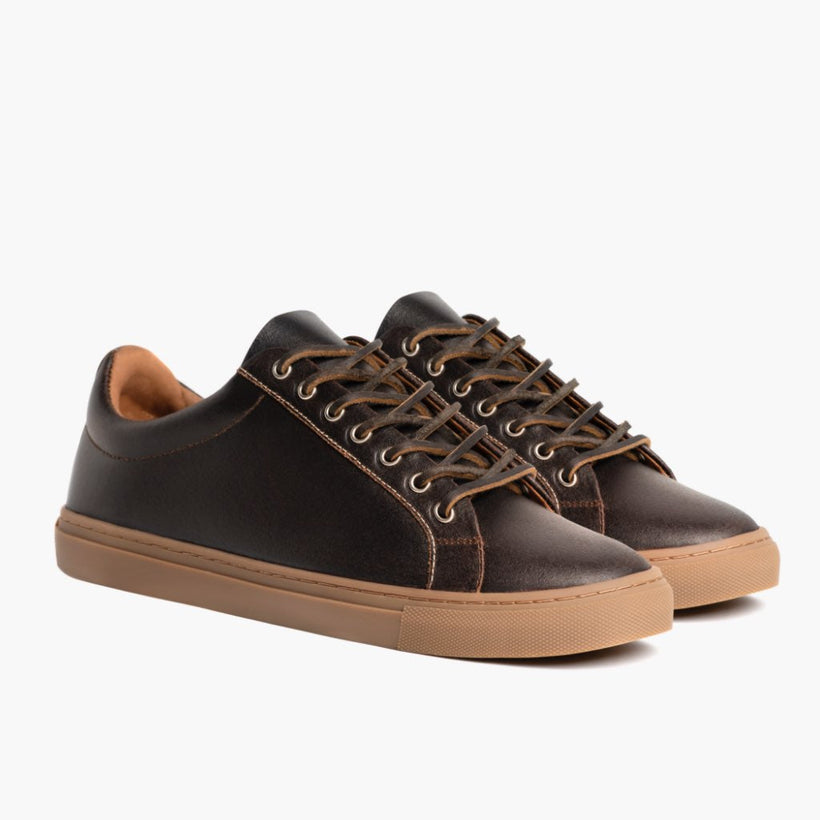 Premier Low Top Cacao Leather Sneakers For Men in Classic Full-Grain Leather - Lateral Side Profile View | Buy Online