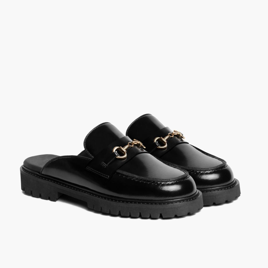 Penny Mule Negro & Gold Mocasines de cuero para Mujer en cuero vacuno negro auténtico - Vista de perfil | Comprar online