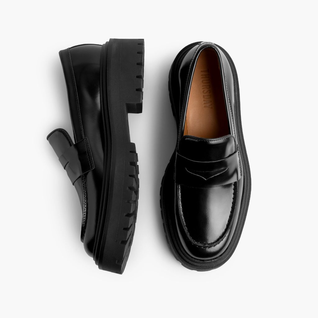 Penny Platform Negro Mocasines de cuero para Mujer - Contrafuerte de talón reforzado y doble costura de precisión