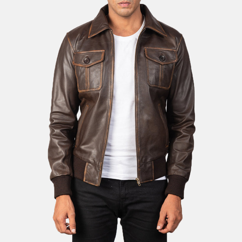 Aaron Marrón Cazadora Bomber de Cuero para Hombre