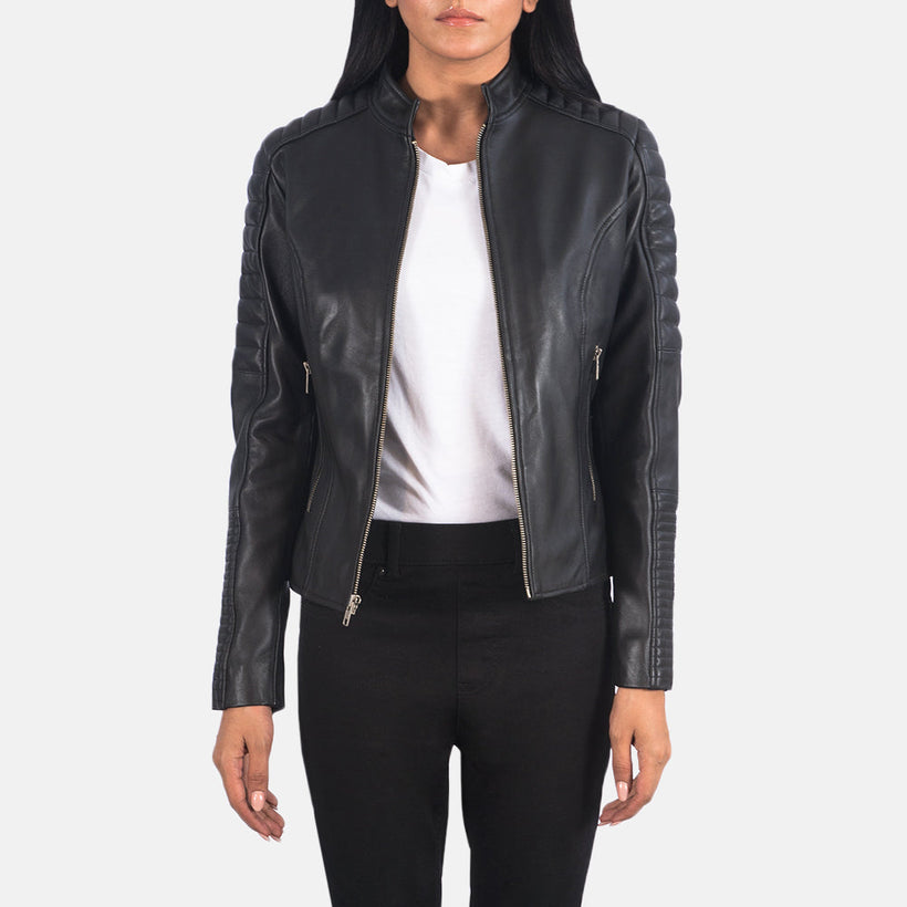 Adalyn Acolchado Negro Chaqueta Biker de Cuero para Mujer