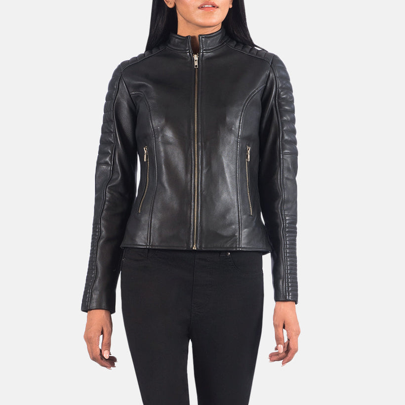 Adalyn Acolchado Negro Chaqueta Biker de Cuero para Mujer