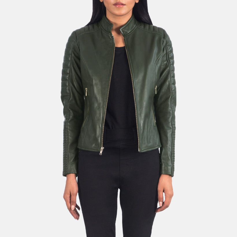 Adalyn Acolchado Verde Chaqueta Biker de Cuero para Mujer