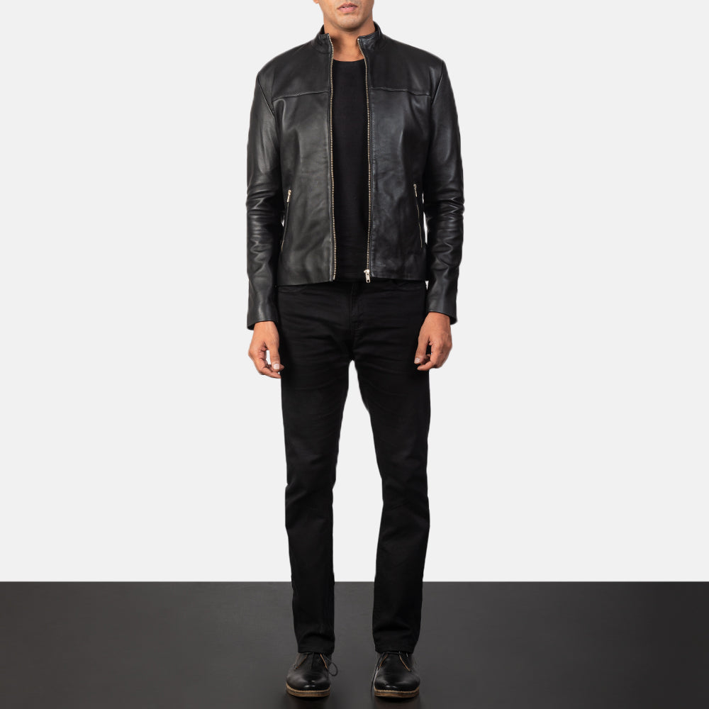 Close-Up Detail of Band & Zipper Hardware on Men's Adornica Black Leather Biker Jacket
