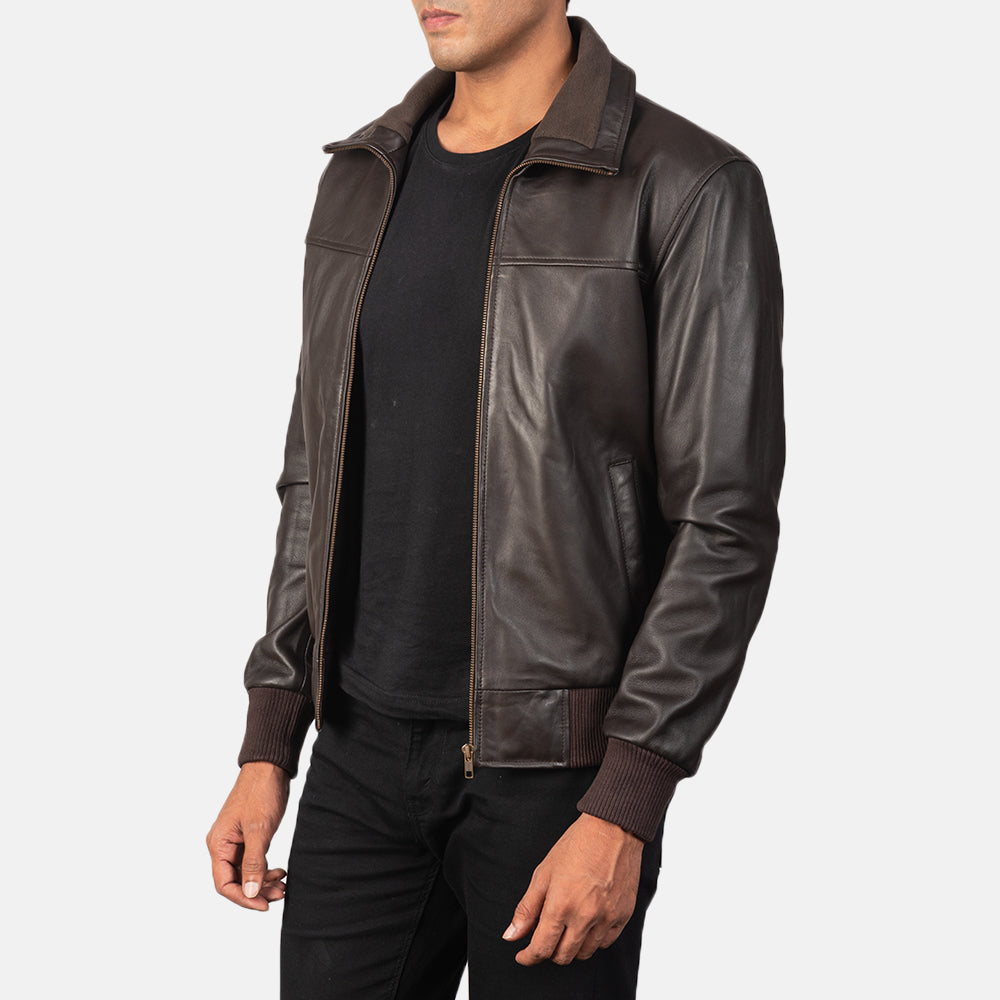 Dark Brown Sheepskin Leather Bomber Jacket - Vista trasera con ajuste entallado en hombros y bajo impecable