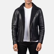Men's Alberto Shearling Negro Chaqueta de Cuero para Hombre in Black Sheepskin Leather - Vista frontal y silueta a medida | Comprar online