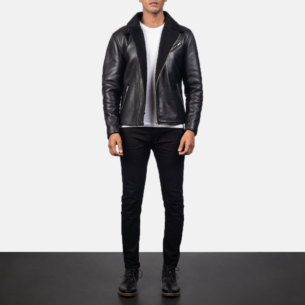 Detalle de cerca of Notch &amp; Zipper Hardware on Men's Alberto Shearling Negro Chaqueta de Cuero para Hombre