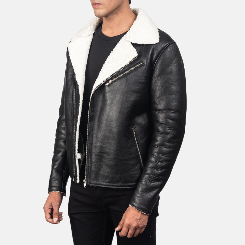 Alberto Blanco Shearling Negro Chaqueta de Cuero para Hombre