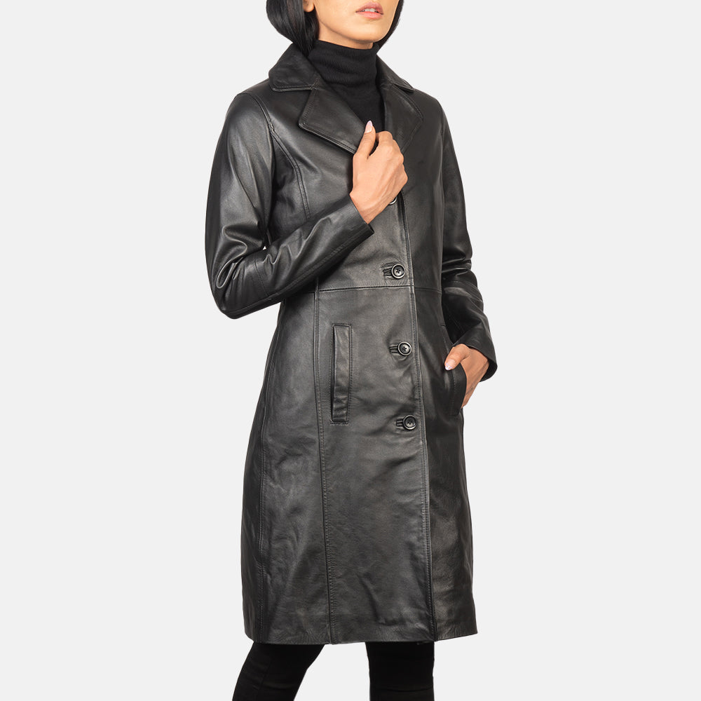 
Black Cowhide leather Coat - Vista posterior con hombros definidos y bajo impecable