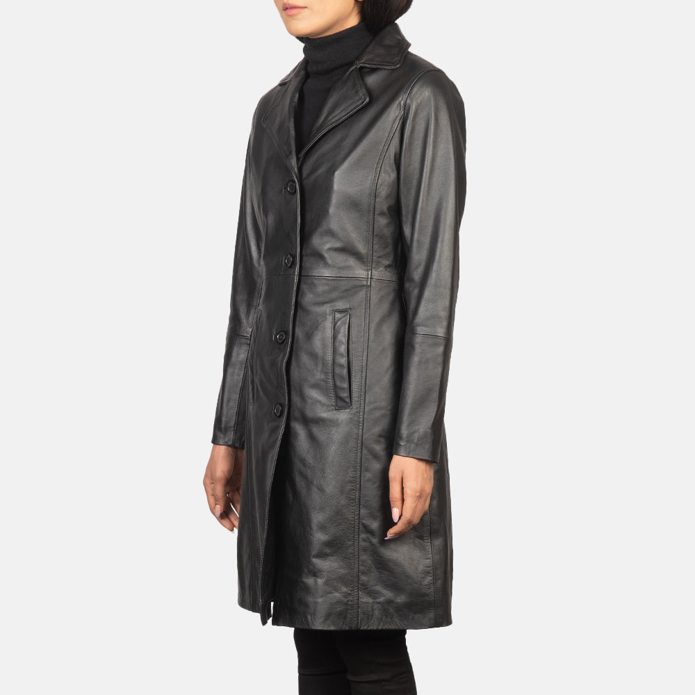 
Alexis Negro Single Breasted Abrigo de Cuero para Mujer - Vista lateral mostrando el corte ergonómico de mangas