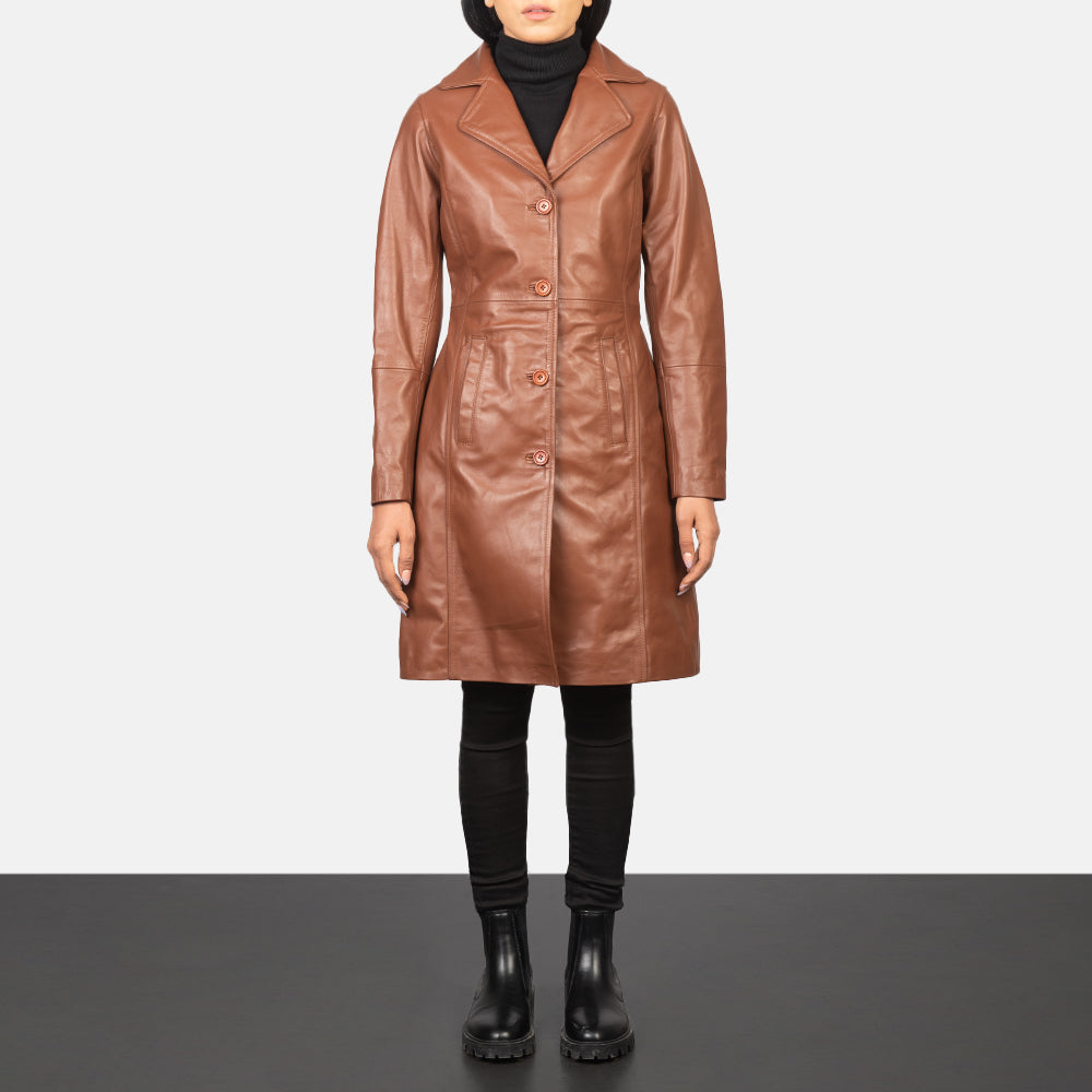 Women's Alexis Brown Single Breasted Leather Coat - Lateral Side Profile View Showing Sleeve Cut & Athletic Taper Fit