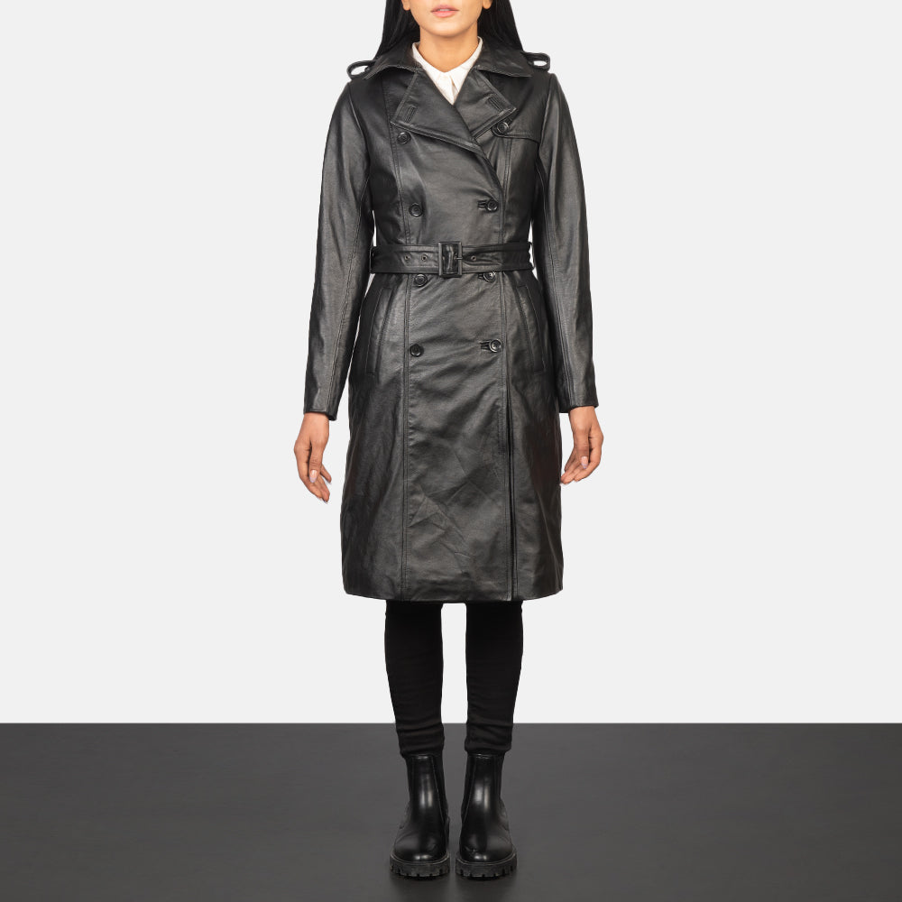 
Alice Black Double Breasted Leather Coat in Black Cowhide Leather - Vista frontal y silueta entallada | Comprar online