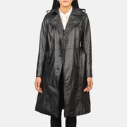 
Alice Black Double Breasted Leather Coat - Vista lateral mostrando el corte ergonómico de mangas