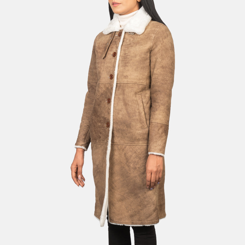 Women's Alina Shearling Marrón Abrigo de Cuero para Mujer in Distressed Brown Sheepskin Leather - Vista frontal y silueta a medida | Comprar online