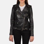 Women's Alison Negro Chaqueta Biker de Cuero para Mujer in Black Cowhide Leather - Vista frontal y silueta a medida | Comprar online