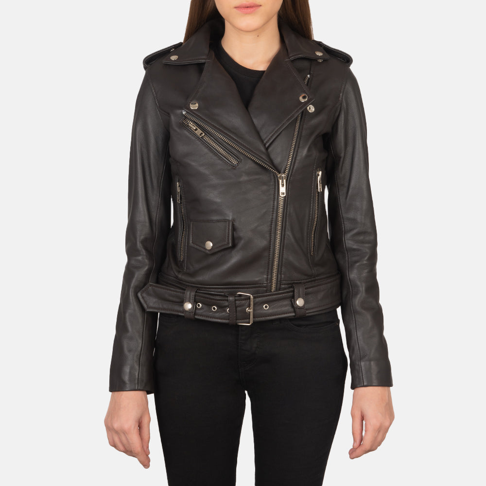 Detalle de cerca of Notch &amp; Zipper Hardware on Women's Alison Marrón Chaqueta Biker de Cuero para Mujer