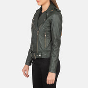 Green Sheepskin Leather Biker Jacket - Vista trasera con ajuste entallado en hombros y bajo impecable