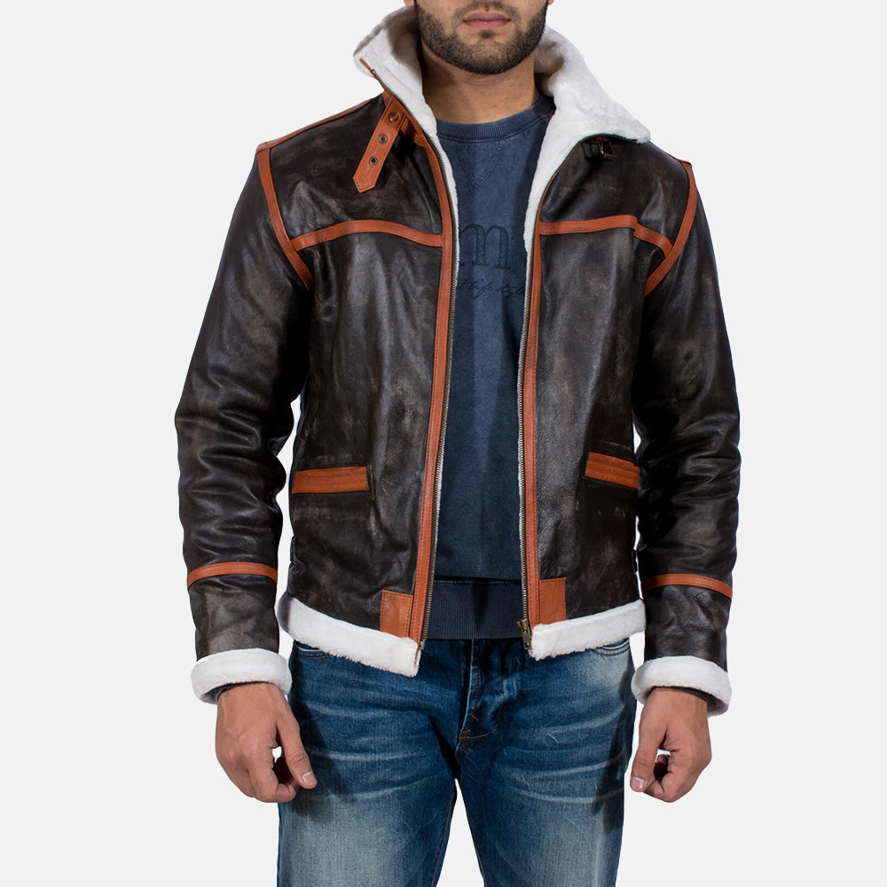 Distressed Brown Goatskin Leather Aviator Jacket - Vista trasera con ajuste entallado en hombros y bajo impecable