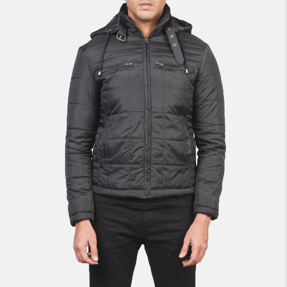 
Vista de detalle of High neck with Belt & Zipper Hardware on Alps Quilted Black Windbreaker Jacket