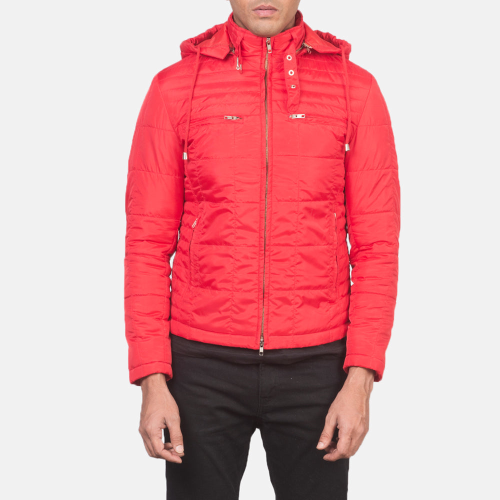 Detalle de cerca of High neck with Belt &amp; Zipper Hardware on Men's Alps Quilted Red Windbreaker Jacket