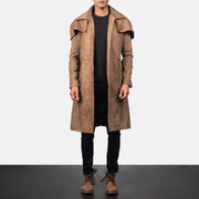 Men's Army Marrón Leather Duster para Hombre in Distressed Brown Sheepskin Snuffed - Vista frontal y silueta a medida | Comprar online