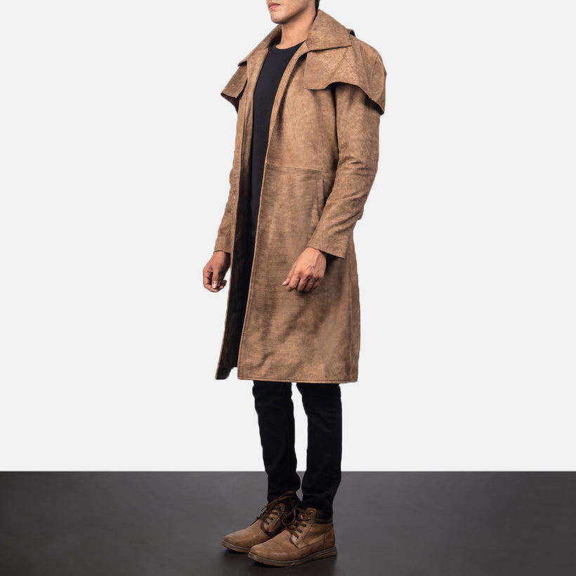 Distressed Brown Sheepskin Snuffed Trench Coat - Back View Showing Tailored Shoulder Fit & Clean Hemline