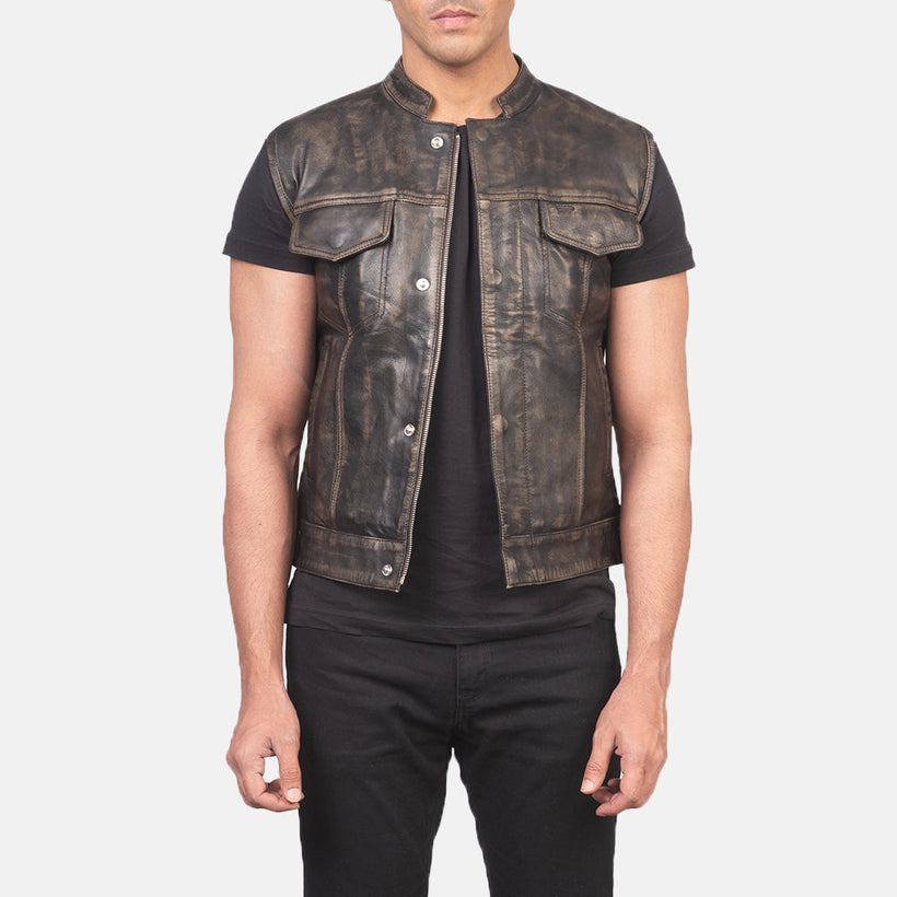 Atlas Moto Efecto Envejecido Marrón Chaleco de Cuero para Hombre