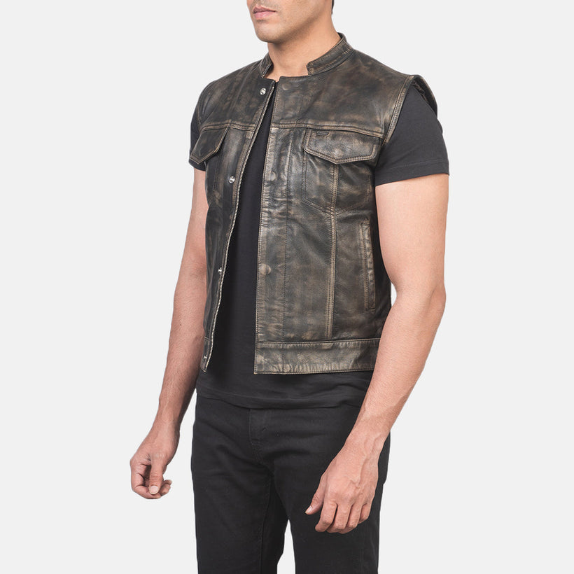 Atlas Moto Efecto Envejecido Marrón Chaleco de Cuero para Hombre