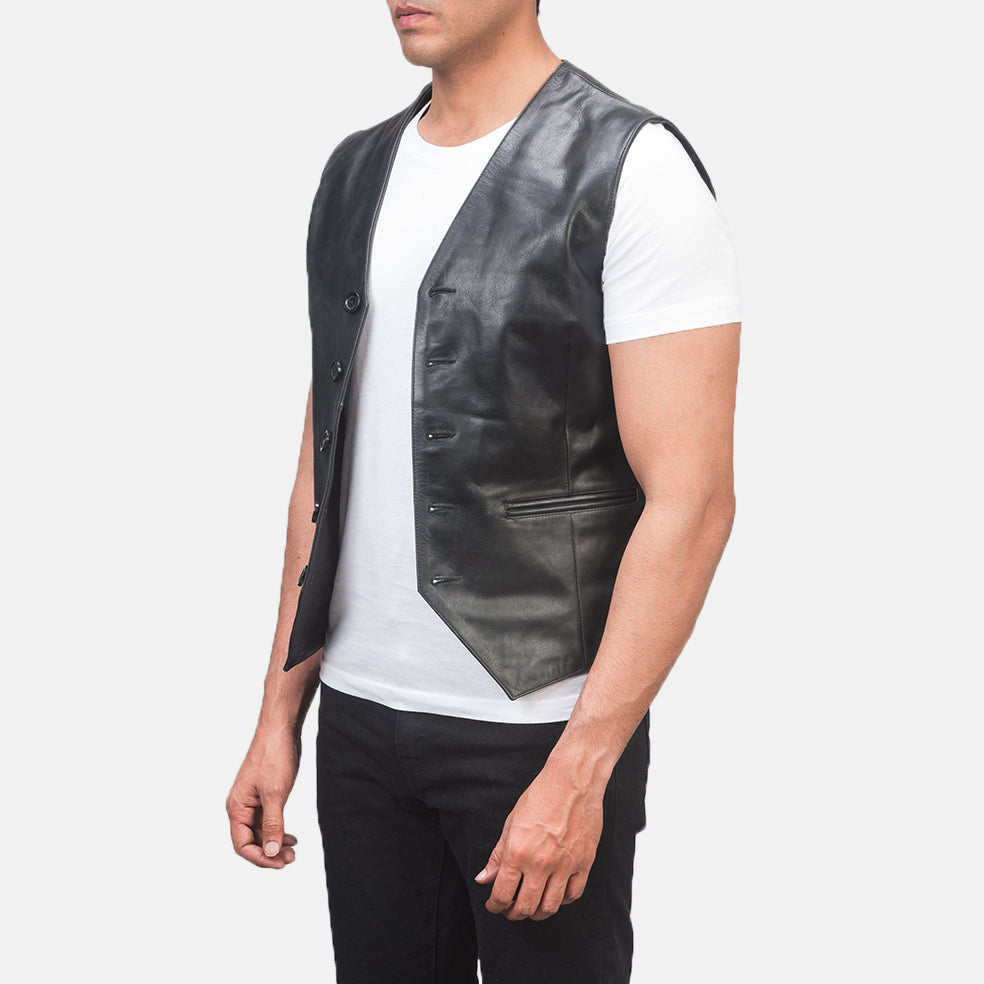 Black Cowhide leather Vest - Vista trasera con ajuste entallado en hombros y bajo impecable