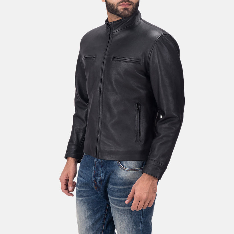 Austere Matte Negro Chaqueta Biker de Cuero para Hombre
