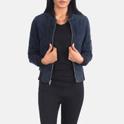 Women's Ava Ma-1 Blue Suede Bomber Jacket in Blue Sheepskin Suede - Vista frontal y silueta a medida | Comprar online