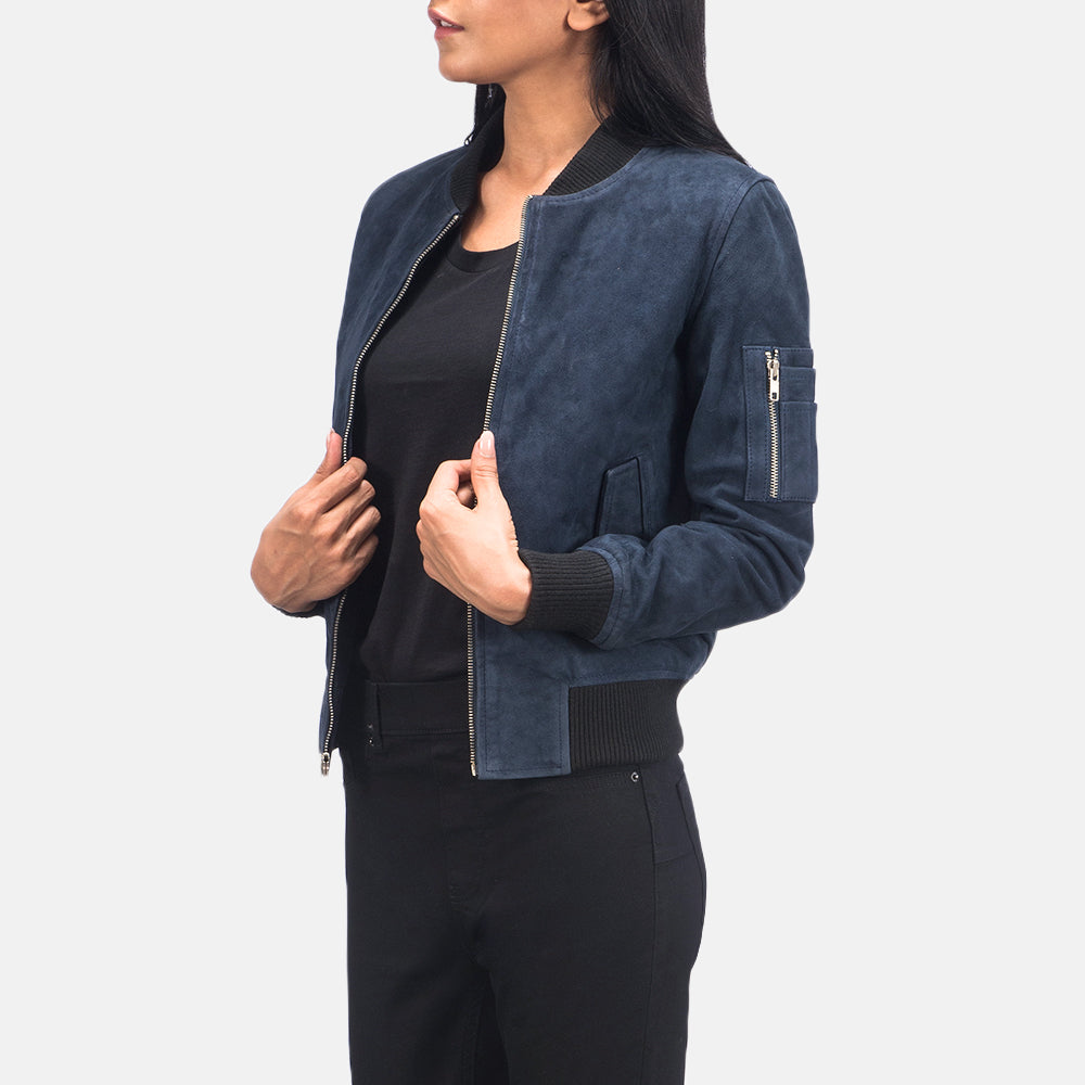 Blue Sheepskin Suede Bomber Jacket - Vista trasera con ajuste entallado en hombros y bajo impecable