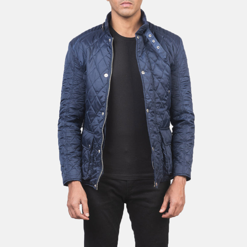 Barry Acolchado Azul Windbreaker Chaqueta de Cuero para Hombre