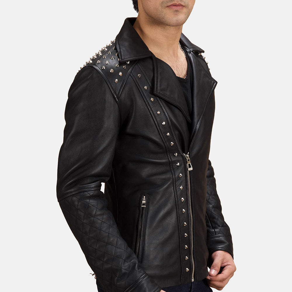 
Black Sheepskin Leather Biker Jacket - Vista posterior con hombros definidos y bajo impecable