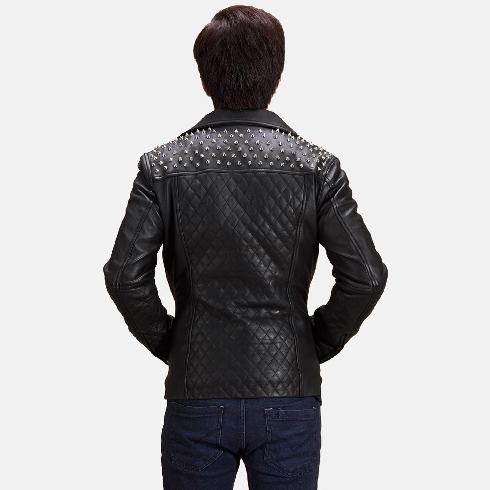 
Vista de detalle of Notch & Zipper Hardware on Negro con Tachuelas Chaqueta Biker de Cuero para Hombre