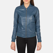 Detalle de cerca of Varsity - Rib Knit &amp; Zipper with Wind Flap Hardware on Women's Bliss Azul Cazadora Bomber de Cuero para Mujer