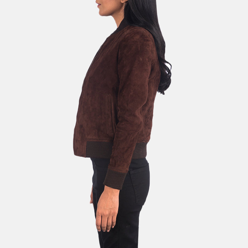 Bliss Marrón Suede Cazadora Bomber de Cuero para Mujer