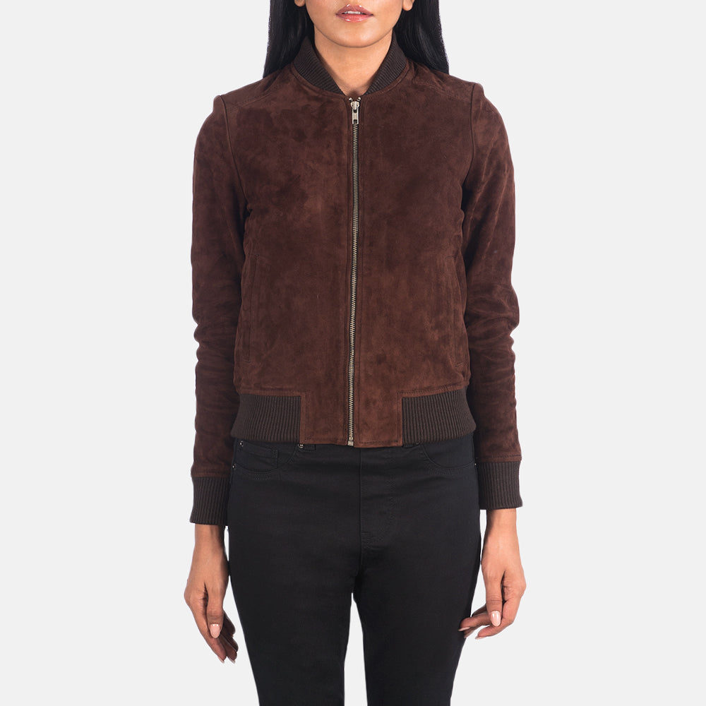 
Vista de detalle of Varsity - Rib Knit & Zipper with Wind Flap Hardware on Bliss Marrón Suede Chaqueta Bomber de Cuero para Mujer