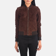 
Vista de detalle of Varsity - Rib Knit & Zipper with Wind Flap Hardware on Bliss Marrón Suede Chaqueta Bomber de Cuero para Mujer
