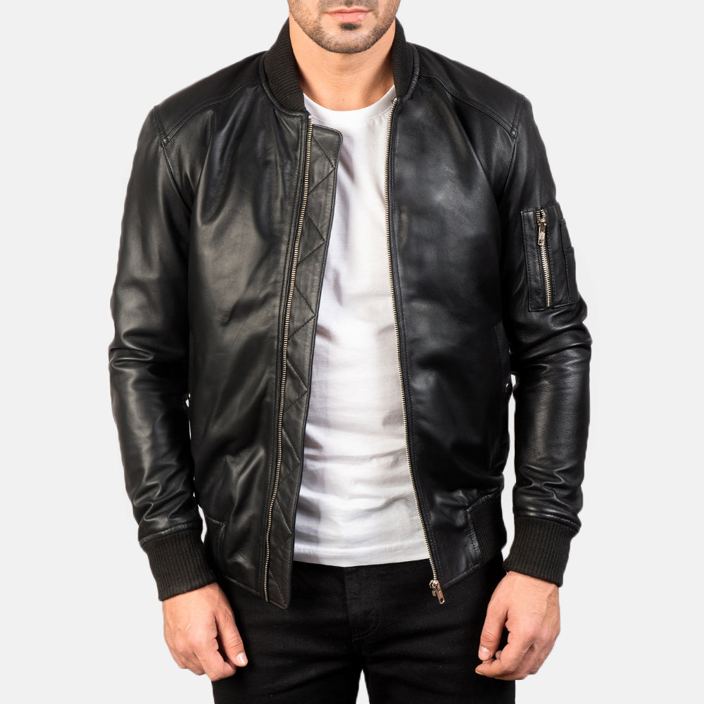 Men's Bomia Ma-1 Black Leather Bomber Jacket in Black Sheepskin Leather - Vista frontal y silueta a medida | Comprar online