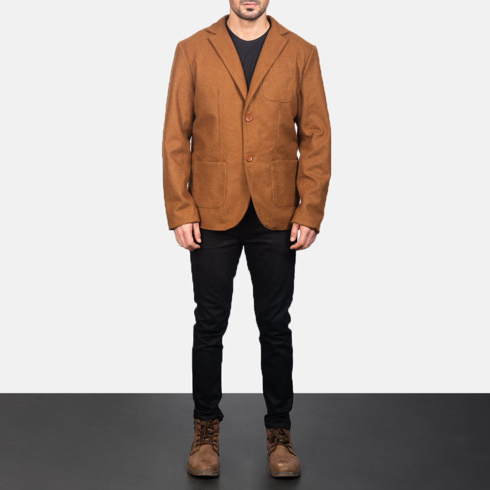Men's Khaki Wool Blazer - Vista de perfil lateral con corte ergonómico de manga