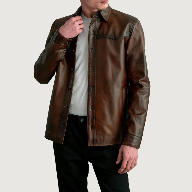 Bronco Efecto Envejecido Marrón Leather Shirt para Hombre