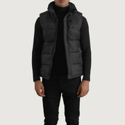 Bryan Negro Puffer Vest para Hombre in Black Full-Grain Leather - Vista frontal y silueta a medida | Comprar online