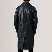 Close-Up Detail of Notch & Button Hardware on Cai Black Leather Shearling Coat For Men