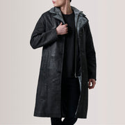 Cai Distressed Black Leather Shearling Coat For Men in Distressed Black Sheepskin Snuffed - Front Profile View & Tailored Silhouette | Buy Online