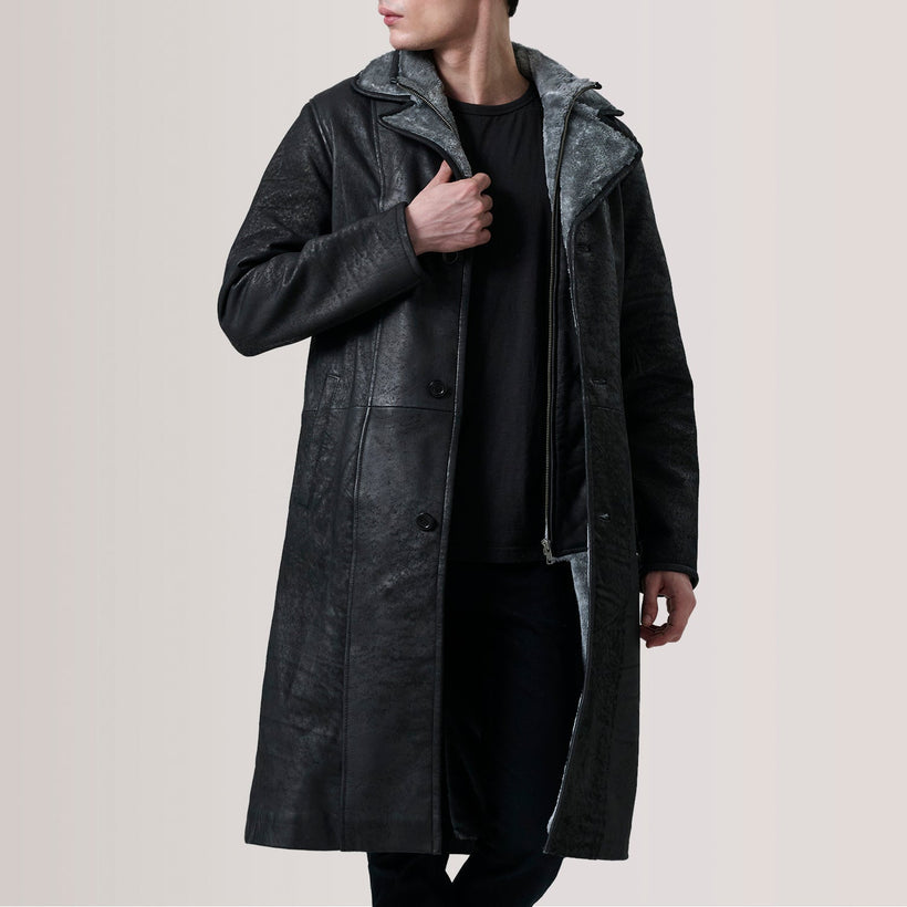 Cai Efecto Envejecido Negro Leather Shearling Abrigo de Cuero para Hombre