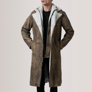 Cai Efecto Envejecido Marrón Leather Shearling Abrigo de Cuero para Hombre For Men in Distressed Brown Sheepskin Snuffed - Vista frontal y silueta a medida | Comprar online